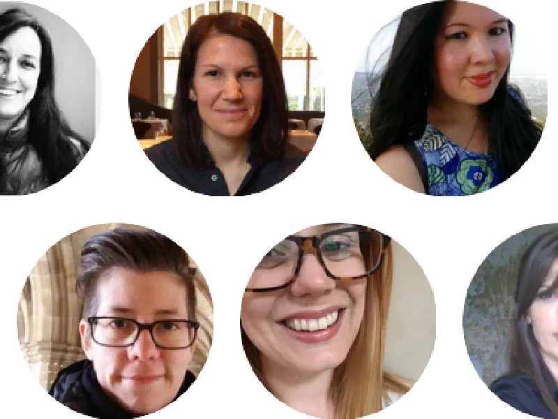 The founding members of RLadies+ Global: Gabriela de Queiroz, Erin LeDell, Chiin-Rui Tan, Alice Daish, Hannah Frick, Rachel Kirkham, and Claudia Vitolo