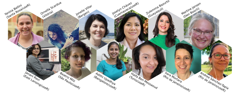 Hex portrait collage of RLadies+ panelists and co-organizers from the useR! 2021 meta-meetup